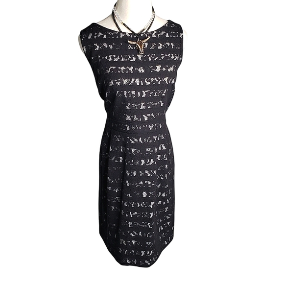 Cynthia Rowley Lace Print Knit Dress Office Dark Academia Pockets Sheath Sz 14 - Picture 1 of 14